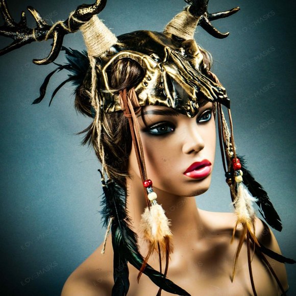 GOLD Antelope Devil Deer Horn Skull Masquerade NEW - Picture 10 of 10